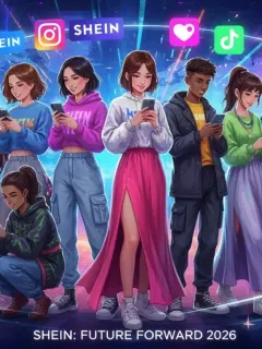 Jóvenes influencers usando ropa de Shein interactuando en redes sociales, simbolizando las microtendencias de moda de 2026.