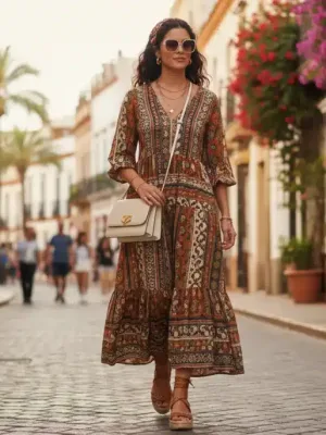 Mujer española con atuendo de Shein 2026 en calle de Sevilla