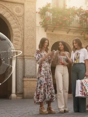 Jóvenes españoles comprando moda online de Shein en un entorno urbano moderno, reflejando el auge del e-commerce.