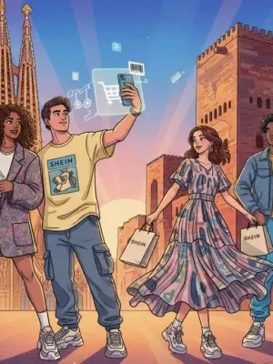 Jóvenes españoles con ropa de Shein, mostrando diversidad de estilos y tendencias actuales en un entorno urbano y digital.