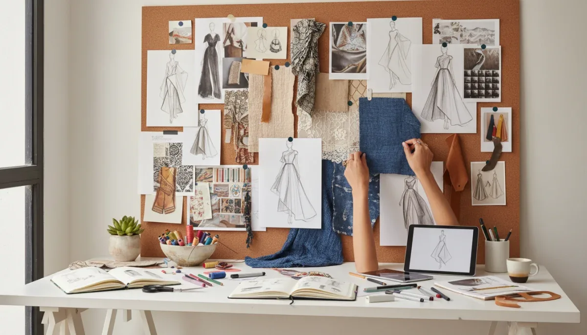 Bocetos y tejidos en un estudio de diseño, mostrando el proceso creativo de un diseñador emergente.