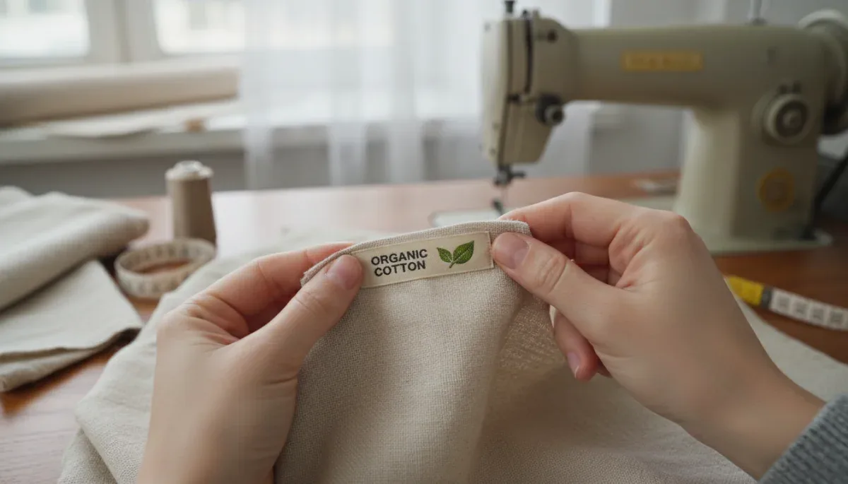 Manos examinando una etiqueta de tela que indica algodón orgánico en un taller de costura, símbolo de producción ética.