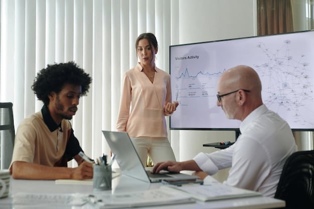 A diverse group of people analyzing financial charts and graphs in a modern office setting. The scene includes laptops, tablets, and large display screens, with each person deeply engaged in their work, representing teamwork and expertise in financial analysis.