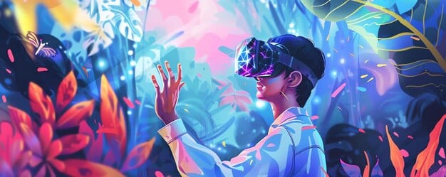 A digital illustration depicting a Japanese youth wearing VR goggles and interacting with a vibrant, stylized metaverse social media platform, showcasing avatars, interactive events, and digital art.