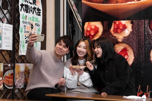 A stylized scene depicting three Japanese teenagers browsing Instagram on their smartphones in a trendy Tokyo cafe, showcasing various features like Reels, shopping options, and interactive stories.