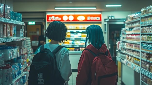 A family shopping for groceries in a Japanese supermarket. Focus on the price tags of various items, symbolizing the impact of inflation on consumer goods.