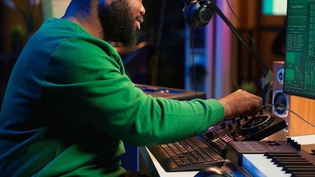 A close-up shot of a music producer working on a digital audio workstation (DAW), with various plugins and virtual instruments visible on the screen. The producer is wearing headphones and focused on creating a new sound.