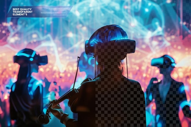 A group of people wearing VR headsets and experiencing a virtual concert, with holographic musicians performing in front of them. The environment is futuristic and immersive.