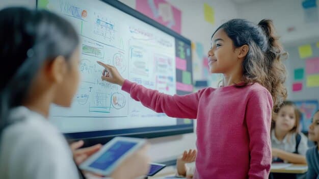 A teacher in a Japanese school demonstrating an interactive whiteboard to a class of attentive students. The whiteboard displays colorful diagrams and interactive learning apps.