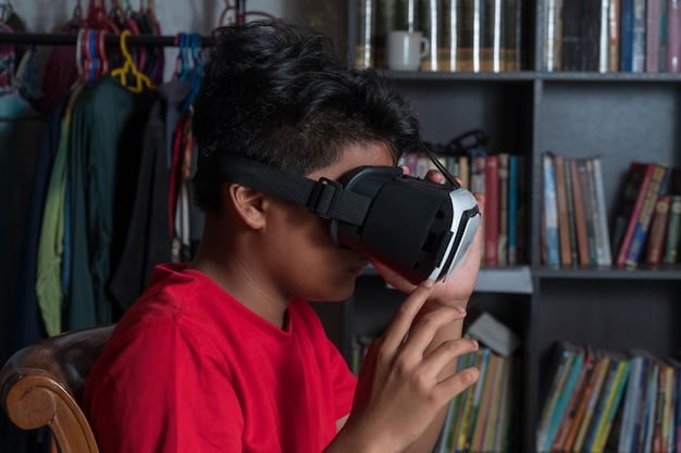 Close-up of a student in a Japanese classroom wearing a VR headset, engaged in a virtual reality lesson on history. The student is surrounded by classmates working on tablets.