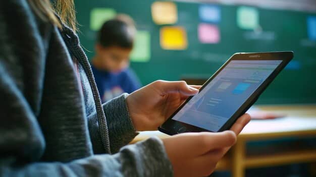 A teacher using a tablet to monitor student progress and provide individualized feedback during a lesson. The tablet screen displays student data and learning analytics.