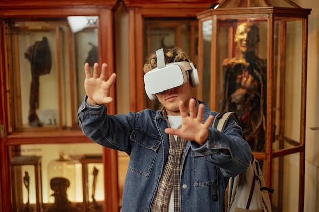 A student using virtual reality (VR) headset to experience a historical event as part of a history lesson, enhancing engagement and understanding.