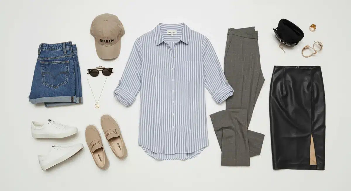 Montagem de acessórios e roupas para três looks diferentes com uma peça Shein.