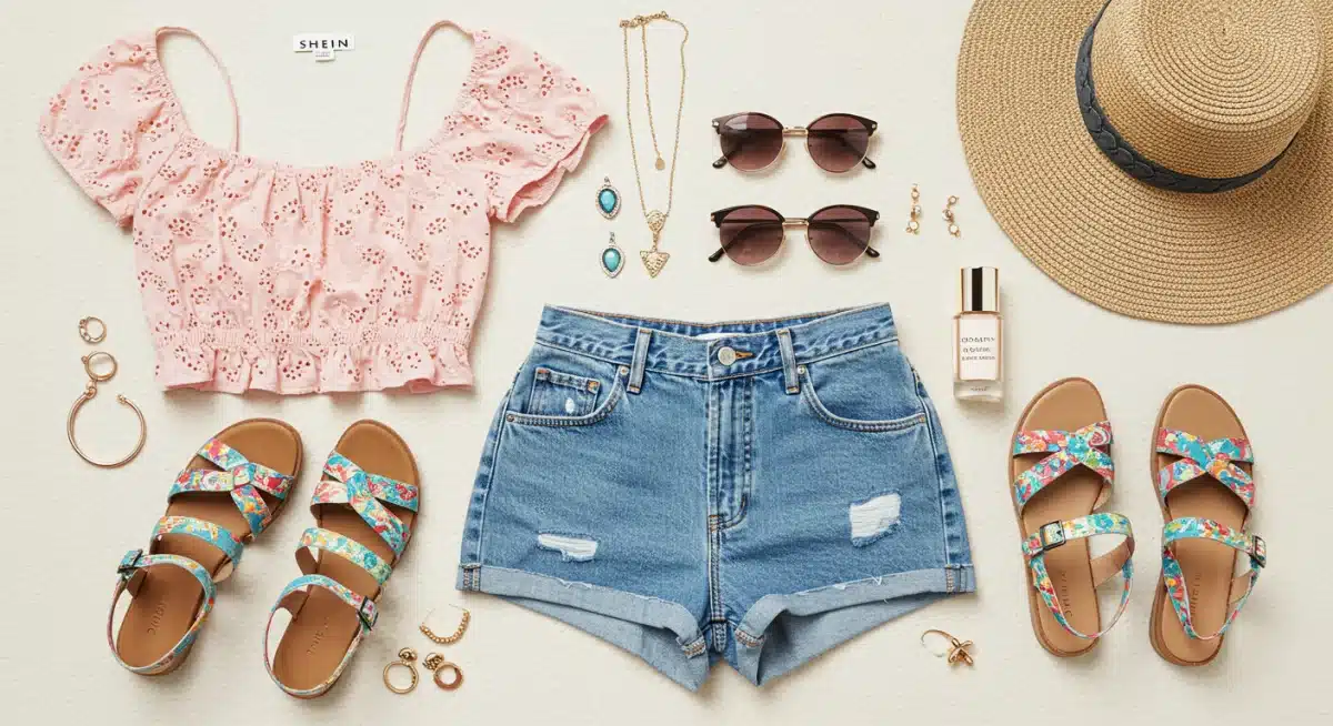 Visão aérea de acessórios e roupas de verão da Shein, incluindo top cropped, shorts de cintura alta, sandálias coloridas e óculos de sol, dispostos de forma estética.