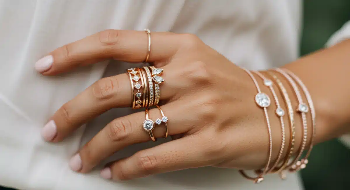 Mão de mulher usando anéis e pulseiras em camadas, destacando a tendência de mix de joias.