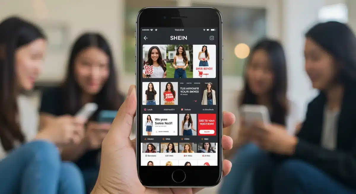 Interface do aplicativo Shein em um smartphone, destacando a variedade de produtos e a experiência de compra digital.