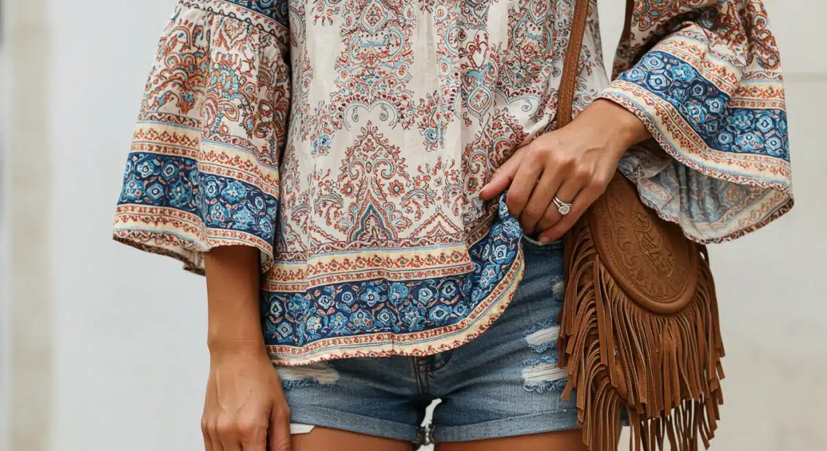 Blusa estampada com mangas amplas, shorts jeans e bolsa de franjas, representando uma peça essencial do estilo Boho Chic da Shein.