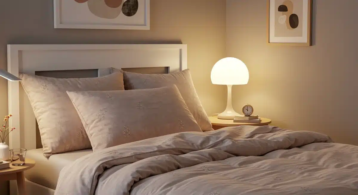 Detalhe de um canto de quarto aconchegante com itens de decoração Shein, como edredom pastel, almofadas bordadas e arte abstrata, ilustrando conforto e estilo.