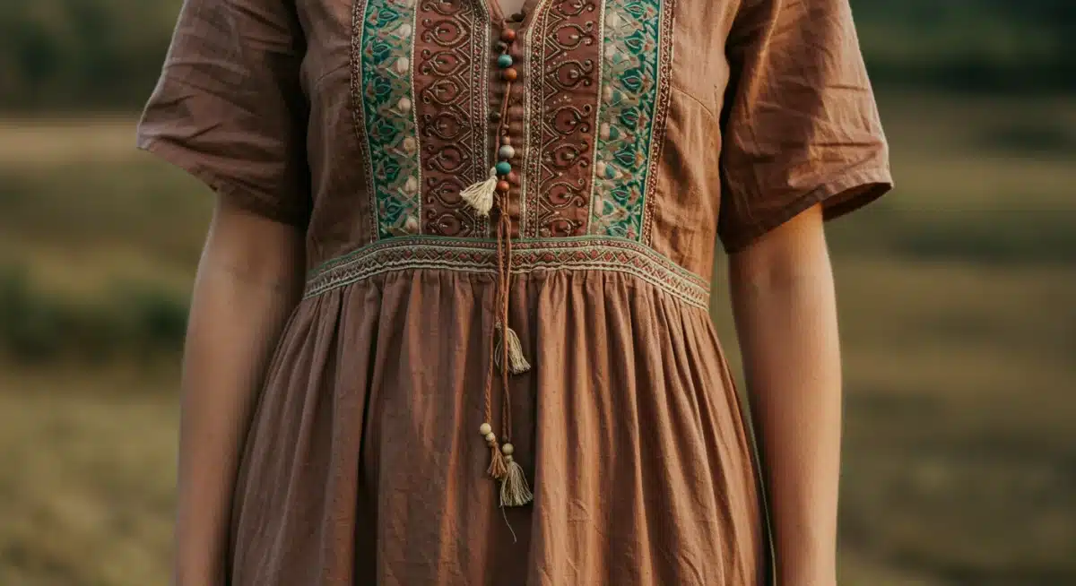 Detalhe de vestido em tecido sustentável, refletindo a tendência 'Chique Consciente' da Shein 2025.