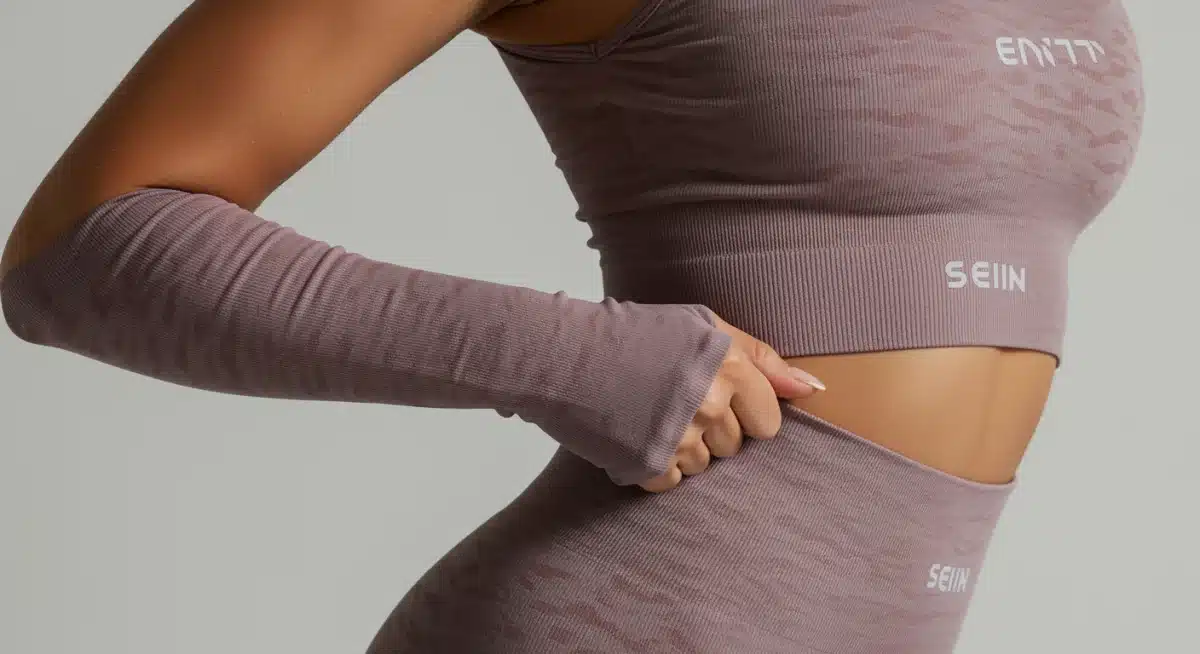 Detalhe de um conjunto fitness Shein 2025 sem costura, destacando a textura e o conforto do tecido.