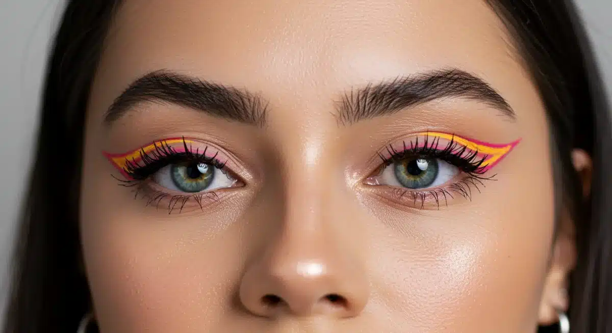 Olhos com delineado gráfico colorido, destacando uma tendência de maquiagem para 2025.
