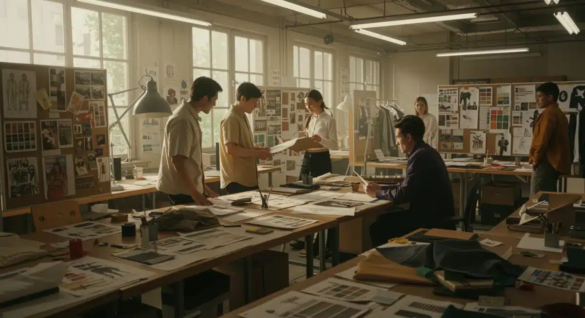 Designers da Shein trabalhando em novas coleções de moda masculina para 2025, com foco em sustentabilidade e diversidade.