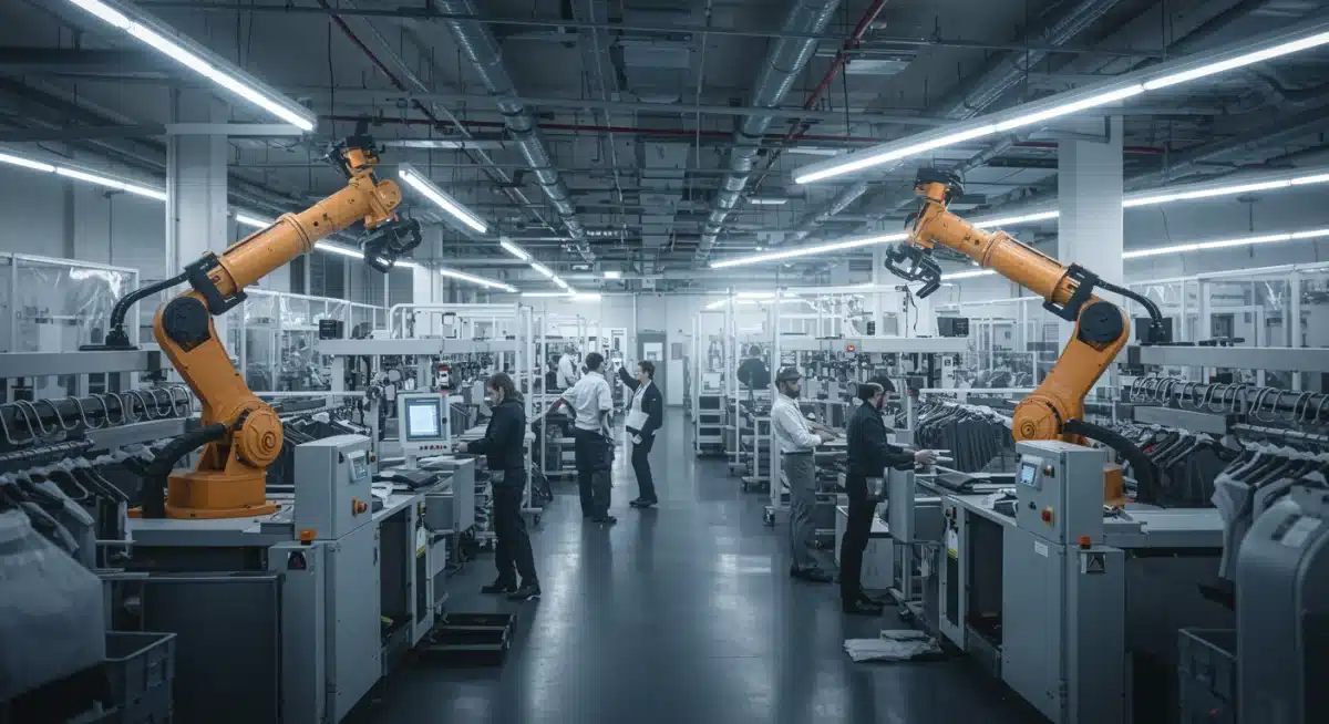 Fábrica inteligente da Shein com robôs e automação na produção de roupas, simbolizando eficiência e sustentabilidade.