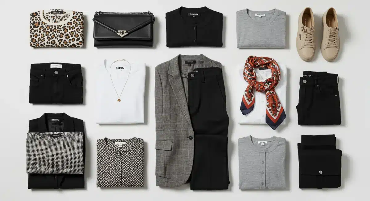 Montagem de peças de roupa e acessórios da Shein em flat lay, demonstrando um guarda-roupa cápsula versátil.