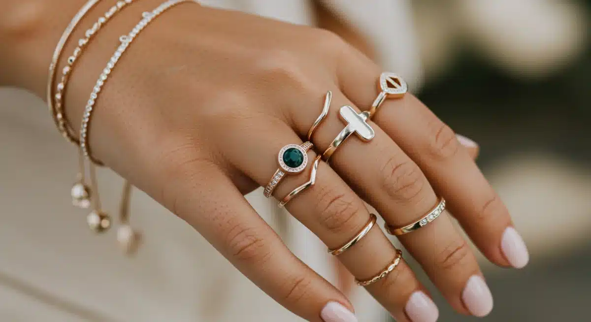 Mão com anéis e pulseiras modernas, destacando a variedade da coleção de joias da Shein.