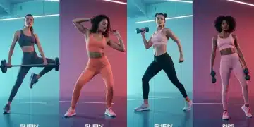 Modelos diversas exibindo conjuntos de moda fitness Shein 2025 em um ambiente de treino moderno.