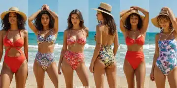 Moda Praia Shein 2025: Biquínis e Maiôs Que Serão Tendência Modelos exibindo com confiança a moda praia Shein 2025, com biquínis e maiôs modernos em uma praia paradisíaca no Brasil, sob um sol radiante.