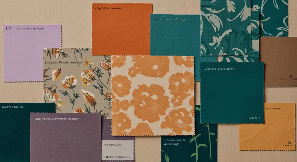 Painel de inspiração com amostras de tecidos exibindo as cores e estampas dominantes nas coleções Shein 2025.