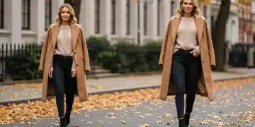 Mulher estilosa com casaco camel e suéter de tricô da Shein para o Outono/Inverno 2025