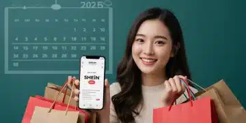 Shein 2025: Dicas Essenciais para Economizar até 20% nas Compras Mulher sorrindo olhando para o celular com o aplicativo da Shein, rodeada por sacolas de compra e peças de roupa, com um calendário de 2025 ao fundo.