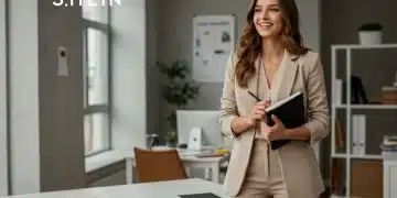 Estilo Shein para o Trabalho em 2025: Looks Elegantes e Acessíveis Mulher elegante no escritório usando um blazer bege, calça de alfaiataria preta e blusa branca, com acessórios discretos.
