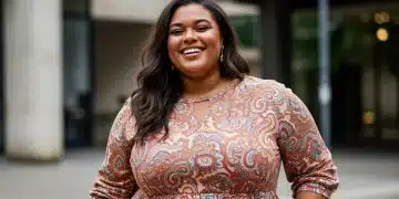 Moda Plus Size Shein: 7 Peças Essenciais para 2025 Mulher plus size sorridente vestindo look elegante e confortável da Shein 2025