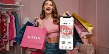 Guia Shein 2025: Economize até 30% com Pontos e Cupons Mulher sorrindo com sacolas da Shein e celular mostrando cupons de desconto para compras em 2025.