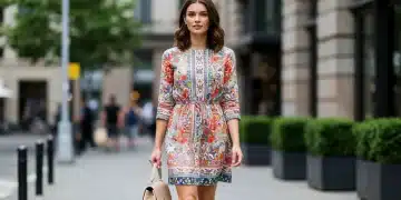 Mulher usando vestido estampado vibrante da Shein, caminhando com confiança na cidade