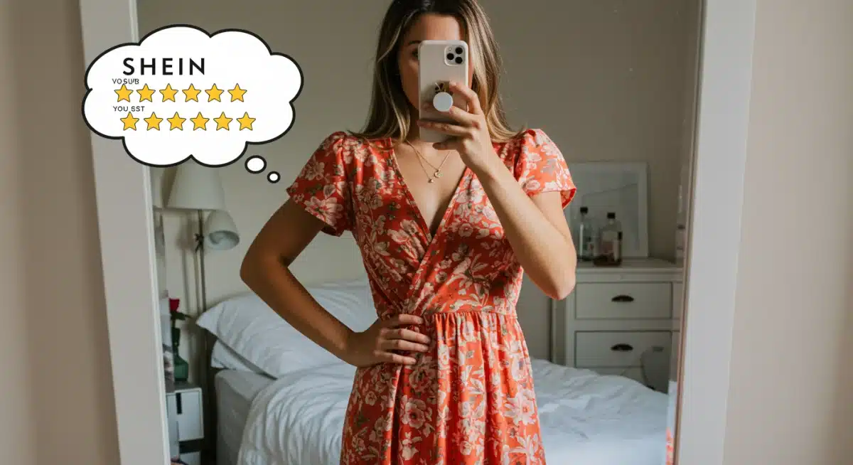 Mulher experimentando um vestido popular da Shein, refletindo no espelho, com balão de pensamento mostrando avaliações positivas de clientes.