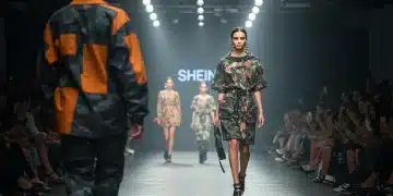 Modelos desfilando criações vibrantes em uma passarela internacional, simbolizando a influência global na moda Shein Brasil 2025.