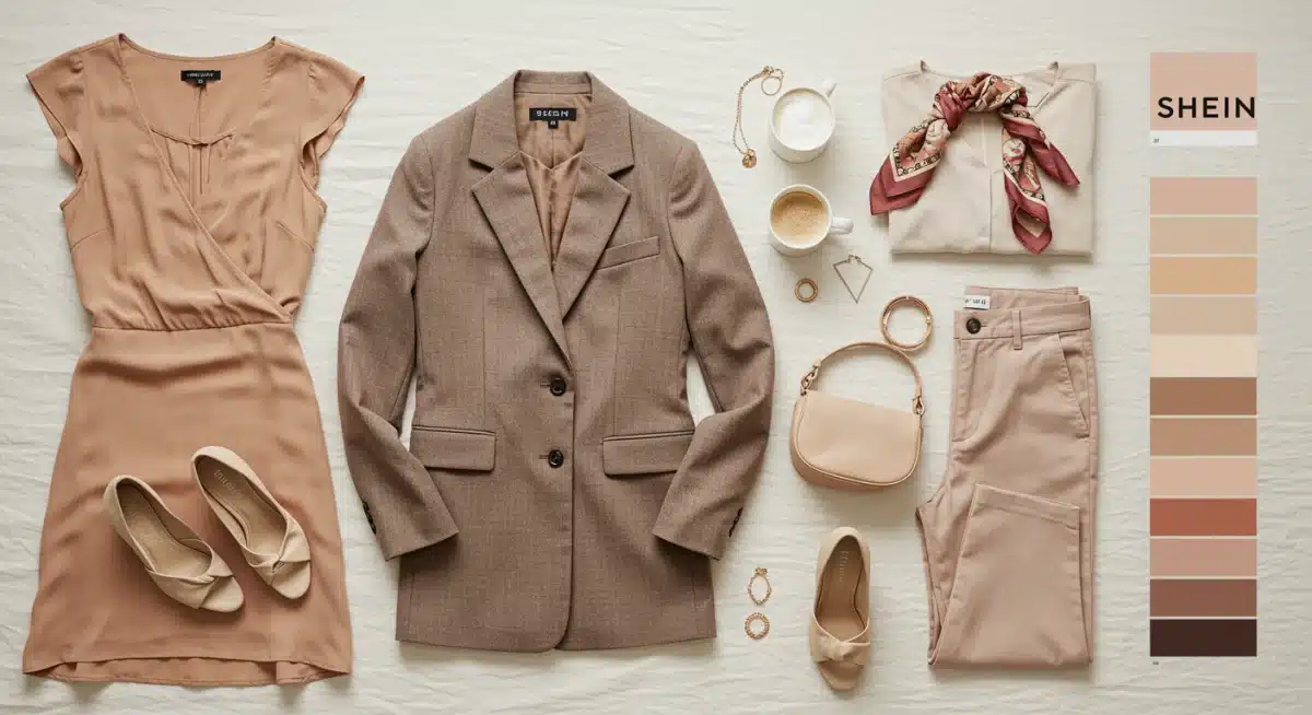 Flat lay de peças de roupa e acessórios em cores tendência Shein 2025.