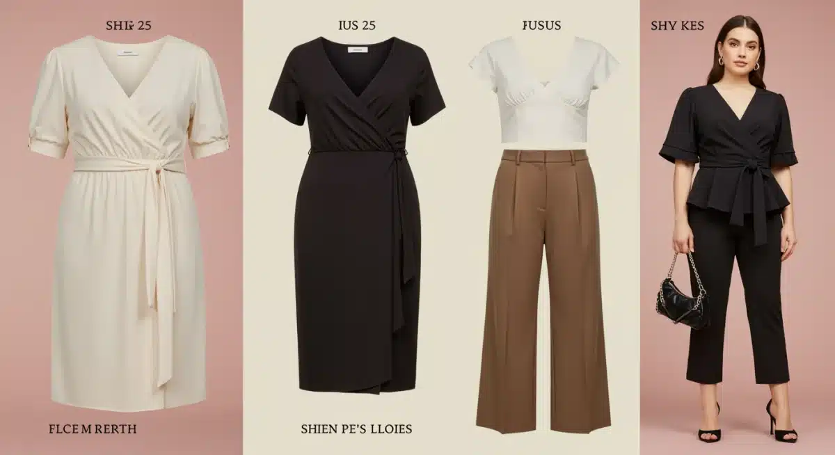 Peças-chave da moda plus size Shein 2025: vestido midi, calça pantalona e blusa peplum