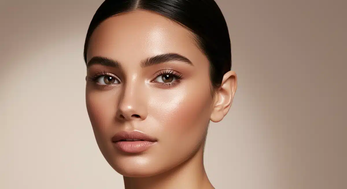 Modelo com maquiagem de pele radiante e minimalista, realçando a beleza natural com produtos Shein para 2025.