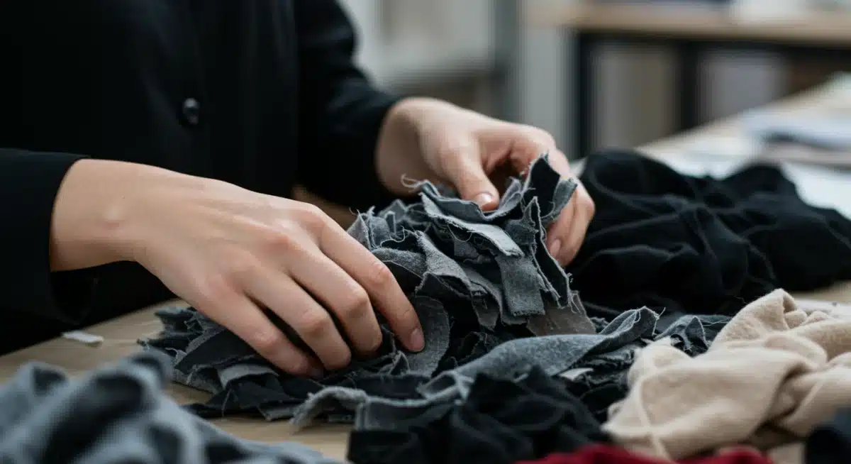 Mãos separando retalhos de tecidos para reciclagem, simbolizando inovação em materiais e redução de resíduos na moda sustentável.