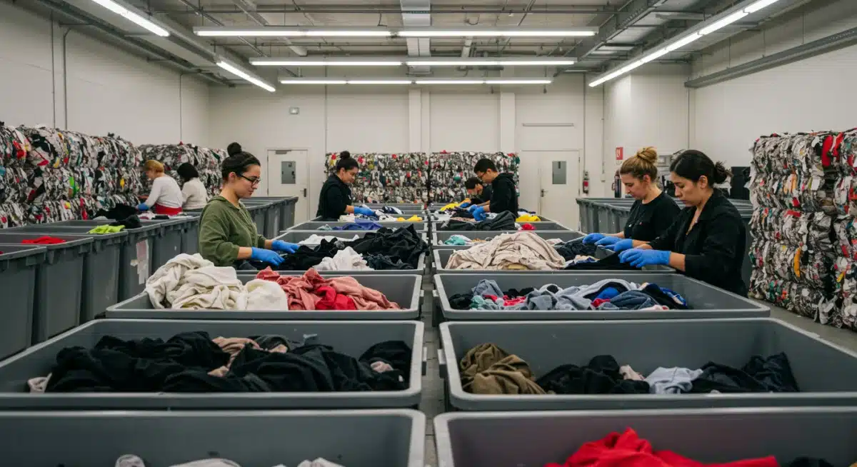 Pessoas classificando tecidos reciclados em instalação moderna, representando economia circular.