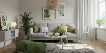 Decoração Shein: 10 Itens Essenciais para Transformar sua Casa em 3 Meses Sala de estar moderna com itens de decoração Shein, incluindo almofadas coloridas e um tapete geométrico.