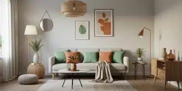 Sala de estar moderna e aconchegante decorada com itens da Shein, destacando estilo minimalista e biofílico.