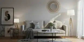 Decoração Shein 2025: 6 Itens Indispensáveis para Transformar sua Casa Sala de estar moderna e elegante decorada com itens Shein, incluindo sofá minimalista, almofadas geométricas e espelho decorativo.