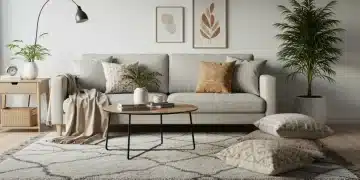 Decoração de Interiores Shein 2025: 4 Tendências Transformadoras Sala de estar moderna e aconchegante com decoração Shein, incluindo tapete texturizado, almofadas com padrões geométricos e plantas, refletindo as tendências de 2025.