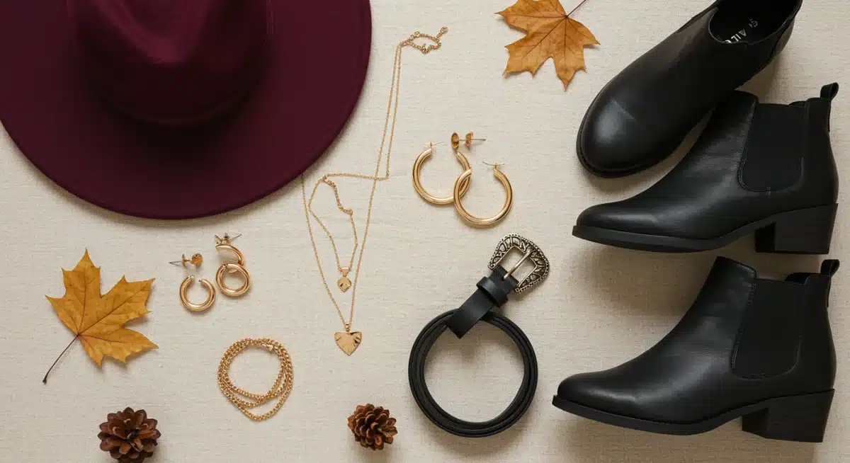 Seleção de acessórios Shein para outono 2025, incluindo chapéu de feltro, brincos de argola, colar e cinto de fivela, dispostos em flat lay.